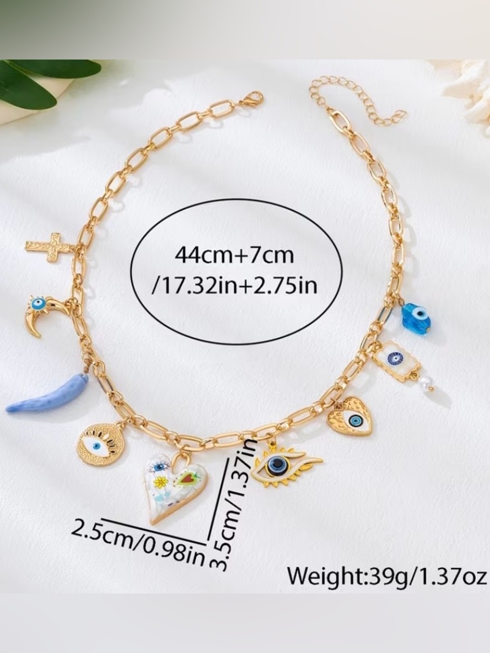 NEW! Gold Tone Charm Necklace with Blue Evil Eye and Heart Pendant 🧿💙 A0-23 - Picture 4 of 4